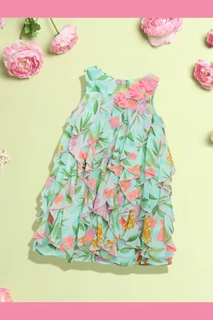 Nauti Nati Girls Green & Pink Ruffled Floral Georgette A-Line Dress