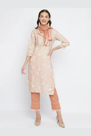 BE INDI Women Floral Printed Straight Linen Kurta Set with Trouser & Dupatta