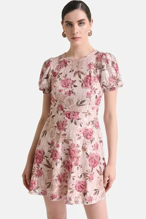 Kazo Floral Print Puff Sleeve Lace A-Line Dress