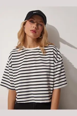 Happiness istanbul Striped Drop Shoulder Sleeves Pure Cotton Oversized T-shirt