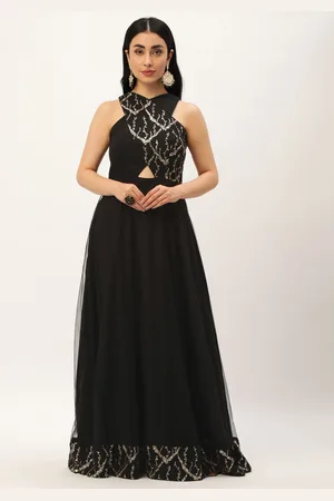 Ethnovog Embellished Embroidered Sequinned Halter Neck Net Maxi Dress