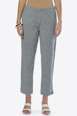 Biba Women Blue Striped Smart Straight Fit Cotton Trouser