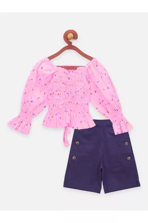 LilPicks Girls Pink & Blue Printed Smocking Top with Shorts