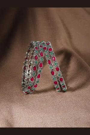 The Pari Set Of 4 Oxidised Silver-Plated Stone-Studded Bangles