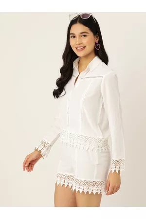 DressBerry Solid Lace Design Shirt & Shorts Co-Ords Set