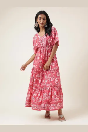 Fabindia Floral Printed V-Neck Tiered Cotton Maxi Dress