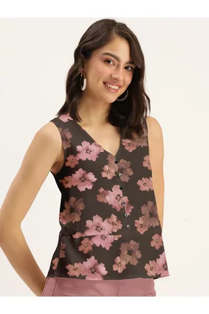 DressBerry Women Black Floral Print Crepe Top