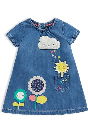Mothercare Infant Girls Blue & Yellow Floral Embroidered A-Line Denim Dress With Applique