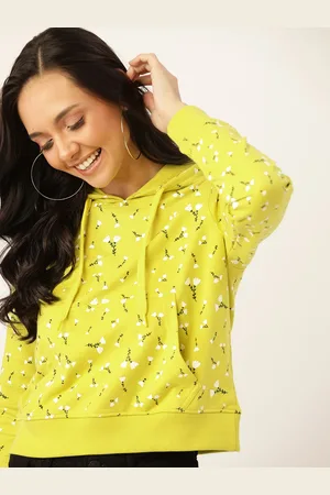 DressBerry Women Lime Yellow & White Floral Printed Hooded Crop Sweatshirt