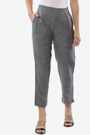 Biba Women Black Textured Smart Slim Fit High-Rise Cotton Trousers