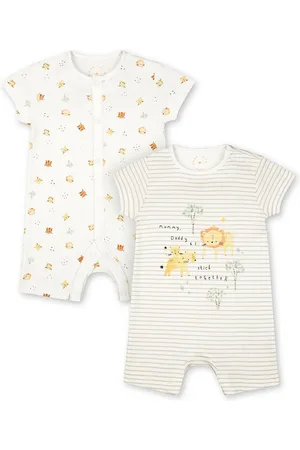 Mothercare Unisex Kids Off White Pack Of 2 Animal Print & Striped Round Neck Rompers