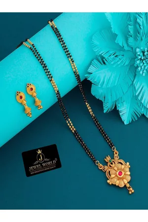 JEWEL WORLD Gold-Plated Stone Studded & Beaded Mangalsutra With Earrings