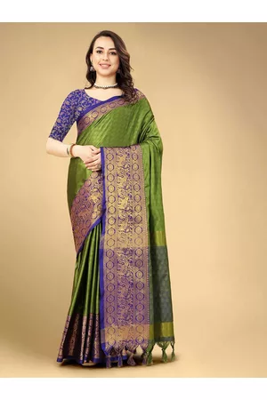 Mitera Green & Purple Woven Design Zari Silk Cotton Banarasi Saree