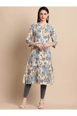 Pistaa Floral Printed Mandarin Collar Roll-up sleeves Panelled straight Kurta