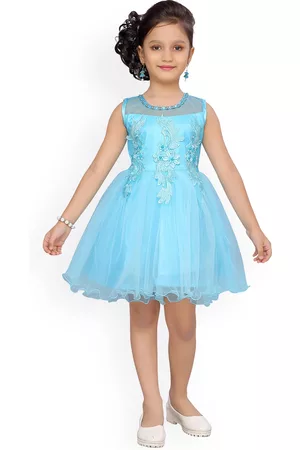 Aarika Girls Turquoise Blue Embellished Fit and Flare Dress