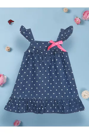 Nauti Nati Girls Polka Dot Printed Gathered Square Neck A-Line Dress