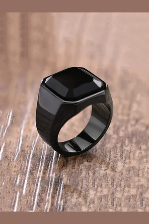 Yellow Chimes Men Black Stainless Steel Square Stone Finger Ring