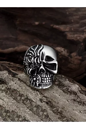 Yellow Chimes Men Stainless Steel Black Terminator Fiery Bikers Ring