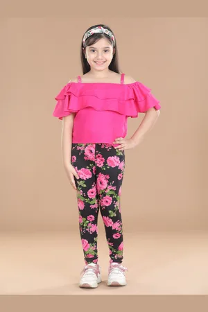 StyleStone Girls Pink & Black Floral Printed Top with Jeggings