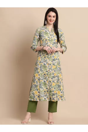 Pistaa Floral Printed Mandarin Collar Roll-up sleeves Panelled straight Kurta