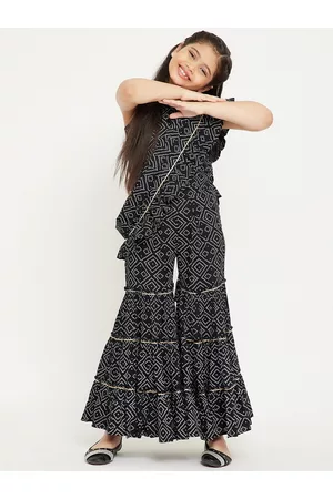 Stylo Bug Girls Black & White Bandhani Printed Pure Cotton Top with Sharara & Dupatta