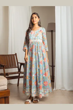 Ishin Floral Printed Embroidered Cotton Maxi Dress