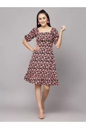 Aayu Floral Printed Puff Sleeve Crepe A-Line Dress