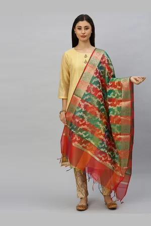 Ishin Green & Red Woven Design Dupatta