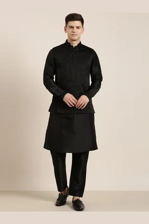 TheEthnic.Co Mandarin Collar Beads & Stones Satin Kurta with Pyjama With Nehru Jacket