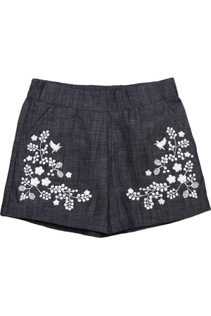 Cherry Crumble Girls Grey Melange & White Embroidered Regular Fit Hot Pants