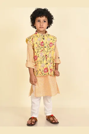 LIL PITAARA Boys Floral Printed Regular Pure Cotton Kurta With Pyjamas & Nehru Jacket