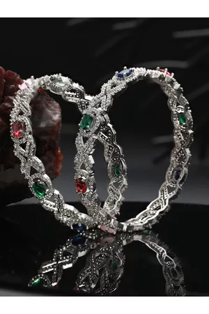 Priyaasi Set Of 2 Silver-Plated American Diamond Stone-Studded Bangles