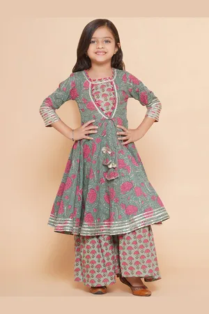 Bhama Girls Floral Printed Regular Gotta Patti Pure Cotton Kurta with Sharara