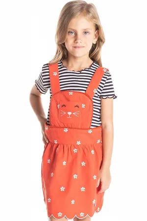 Cherry Crumble Girls Orange & White Floral Embroidered Corduroy Pinafore Dress