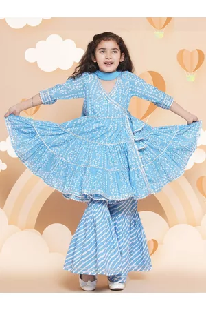 Bhama Girls Bandhani Printed Angrakha Pure Cotton Kurta & Sharara With Dupatta