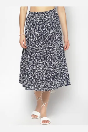 Sera Women Navy Blue & White Floral Printed A-Line Tiered Midi Skirt