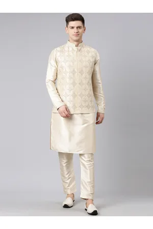 TheEthnic.Co Mandarin Collar Art Silk Kurta & Pyjamas With Embroidered Nehru jacket
