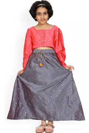 KiddoPanti Girls Pink & Grey Embellished Ready to Wear Lehenga Choli