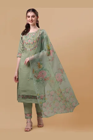 Berrylicious Green Floral Embroidered Thread Work Chanderi Cotton Kurta with Trousers & Dupatta