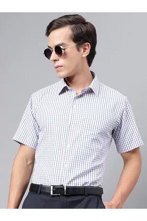 English Navy Men Easy Iron Blue Grid Tattersal Checked Slim Fit Short Sleeves Formal Shirt