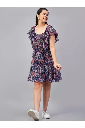 Antheaa Girls Purple Floral Printed Flutter Sleeves Pleated A-Line Dress