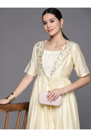 Inddus Floral Embroidered Thread Work Chanderi Cotton Kurta with Trousers & Inner