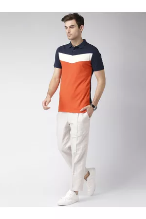 Invictus Men Orange Navy Colourblocked Polo Collar Pure Cotton T-shirt