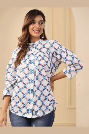 Jaipur Blue & White Abstract Printed Cotton Shirt Style Top