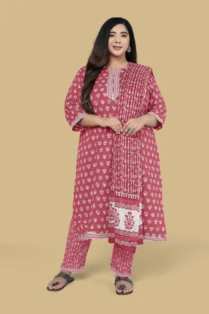 Mirchi Fashion Plus Size Women Printed Pure Cotton Kurta with Trousers & With Dupatta