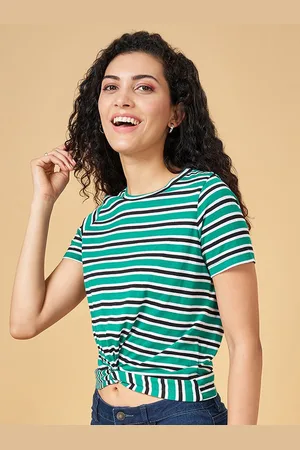 PEOPLE Green Horizontal Striped Twisted Crop Top