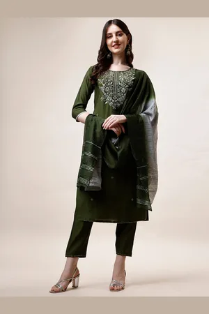 Berrylicious Floral Yoke Design Thread Work Chanderi Cotton Kurta With Trousers & Dupatta