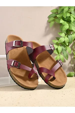 HERE&NOW Maroon & Brown Open One Toe Flats With Buckle Detail