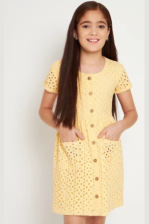 HERE&NOW Solid Self Designed Cap Sleeves Cotton Fit & Flare Dress