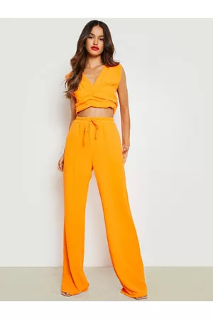 Boohoo Women Textured Ruched Front Crop Top & Wide Leg Trouser